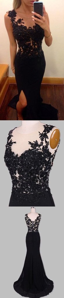 Pretty Mermaid Black Lace Beading Sweetheart With Slit Modest Cheap Prom Dresses RS144