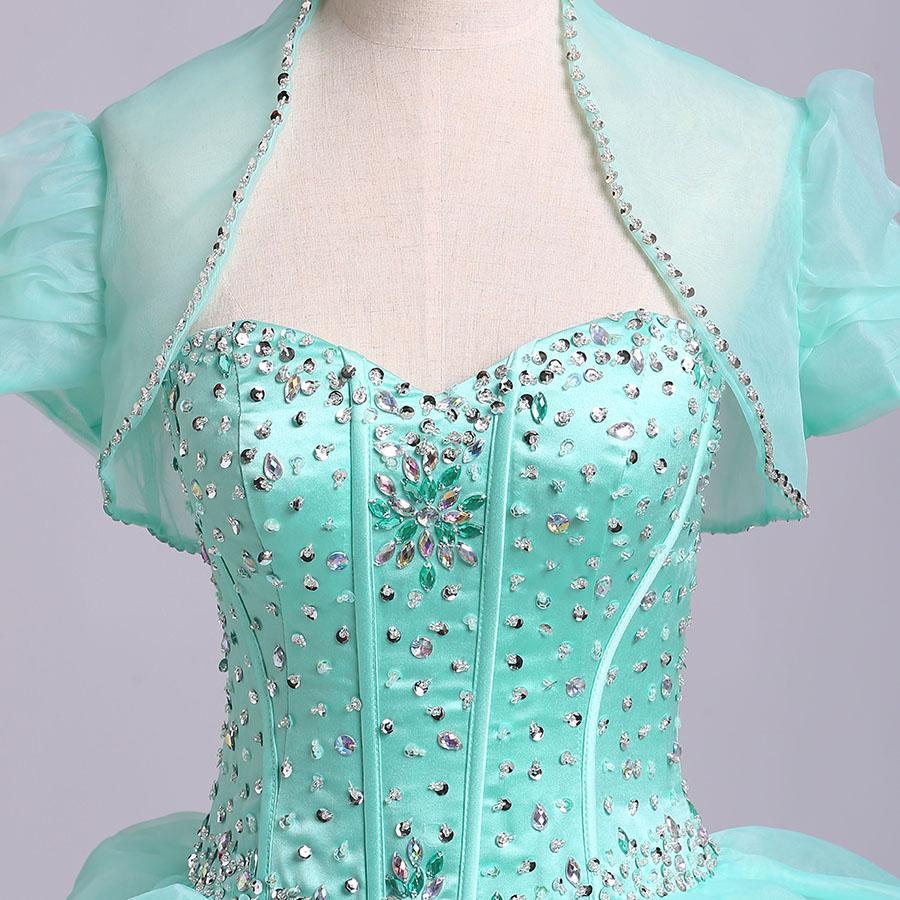 Ball Gown Sweetheart Organza Beads Lace up Ruffles Tiffany Blue Prom Quinceanera Dresses RS178