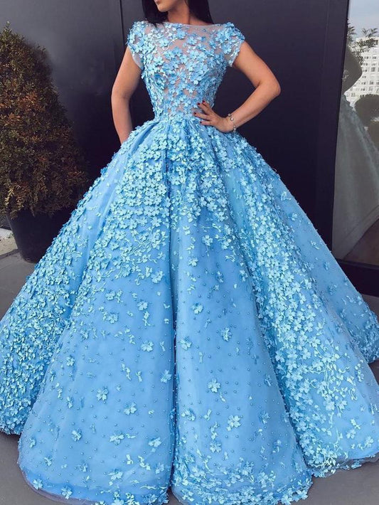 Ball Gown Blue Prom Dresses Floral Lace Bateau Long Cap Sleeve Quinceanera Dresses P1043