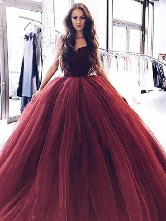 Ball Gown Burgundy Tulle Strapless Sweetheart Prom Dresses Quinceanera Dresses RS696