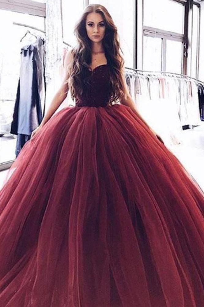 Ball Gown Burgundy Tulle Strapless Sweetheart Prom Dresses Quinceanera Dresses RS696