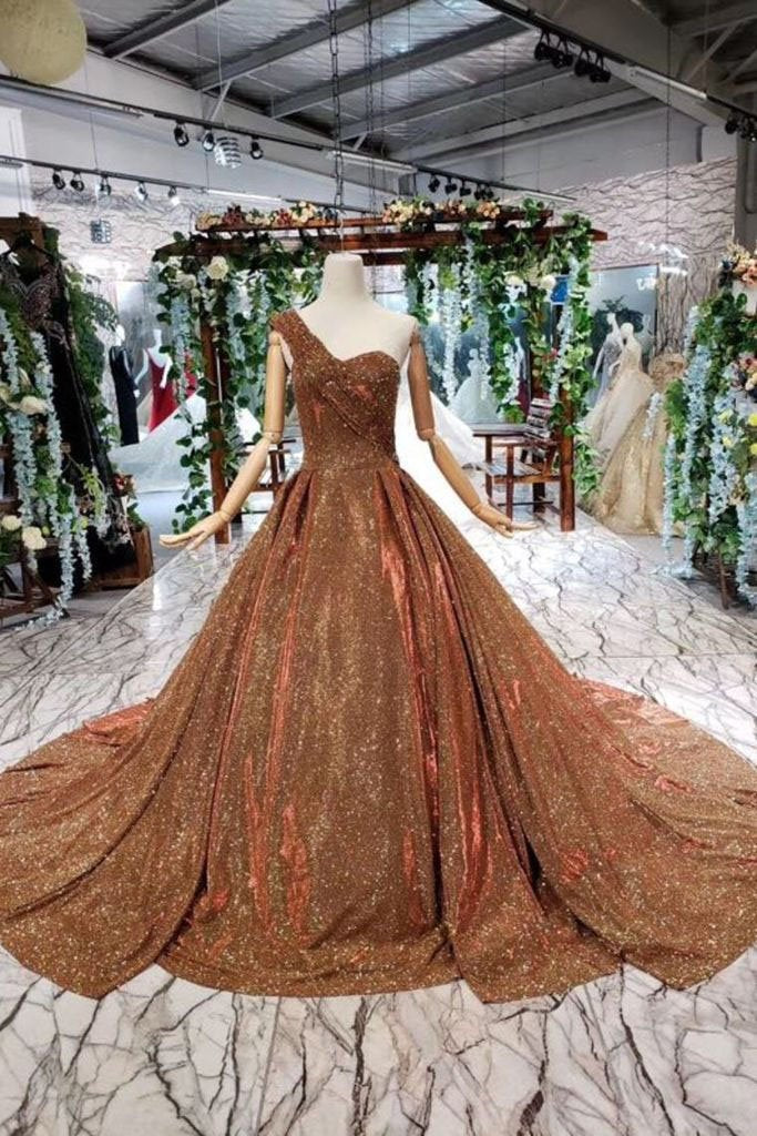 Ball Gown Long Prom Dresses, One Shoulder Lace up Sequins Beads Quinceanera Dress PW969