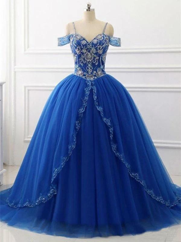 Ball Gown Off the Shoulder Royal Blue Quinceanera Dresses Beaded V Neck Prom Dresses P1092
