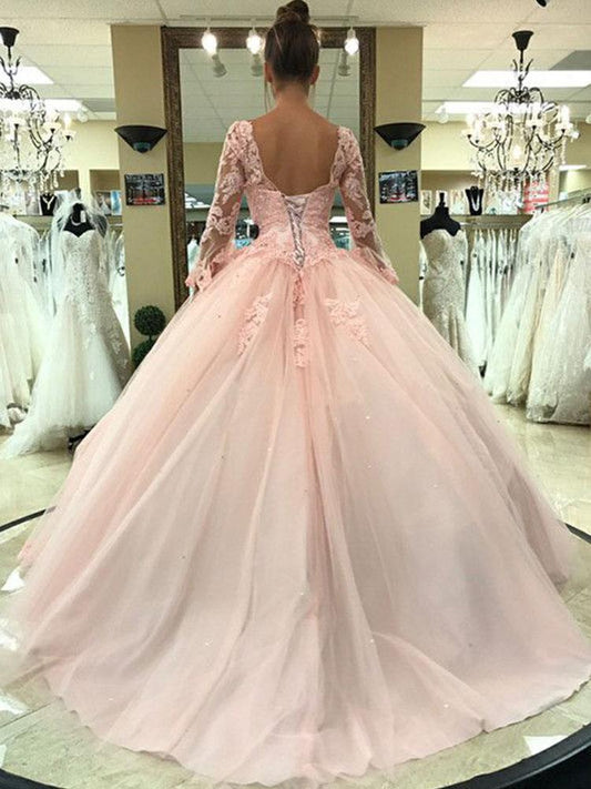 Ball Gown Pink V Neck Long Sleeve Appliques Prom Dresses with Lace up Quinceanera Dresses H1136