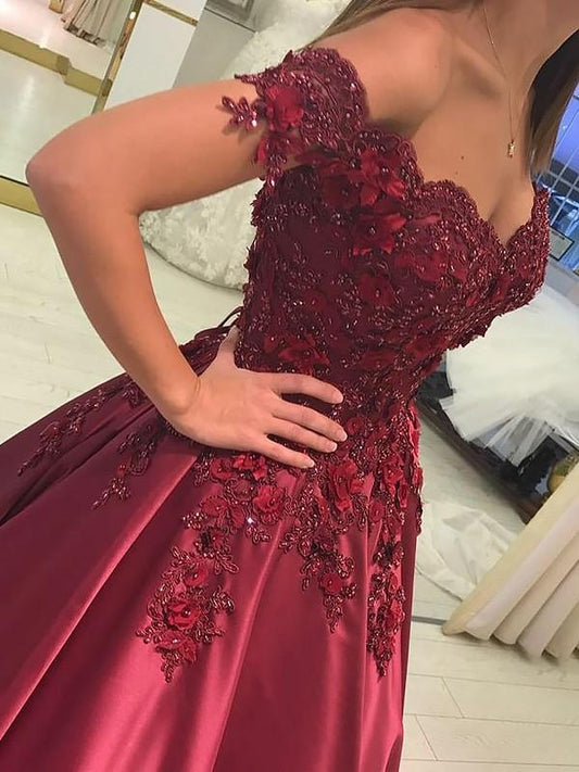 Ball Gown Red Lace Appliques Prom Dresses Off the Shoulder Quinceanera Dresses RS500