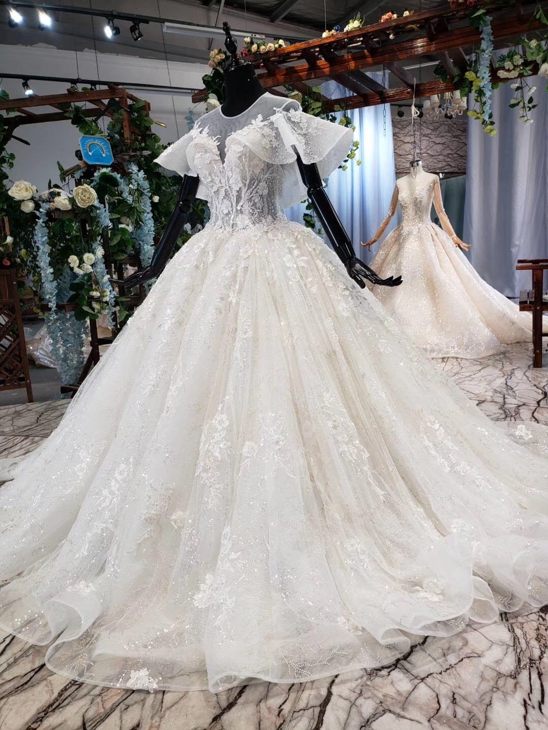 Ball Gown Round Neck Ivory Beads Open Back Wedding Dresses Quinceanera Dresses W1056