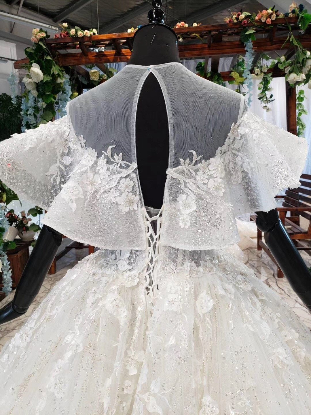 Ball Gown Round Neck Ivory Beads Open Back Wedding Dresses Quinceanera Dresses W1056