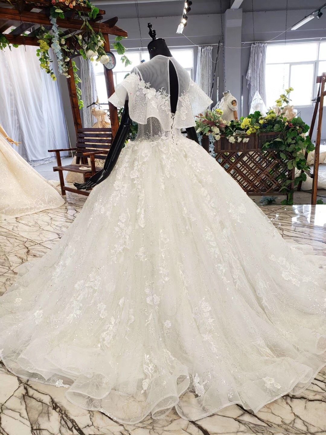 Ball Gown Round Neck Ivory Beads Open Back Wedding Dresses Quinceanera Dresses W1056