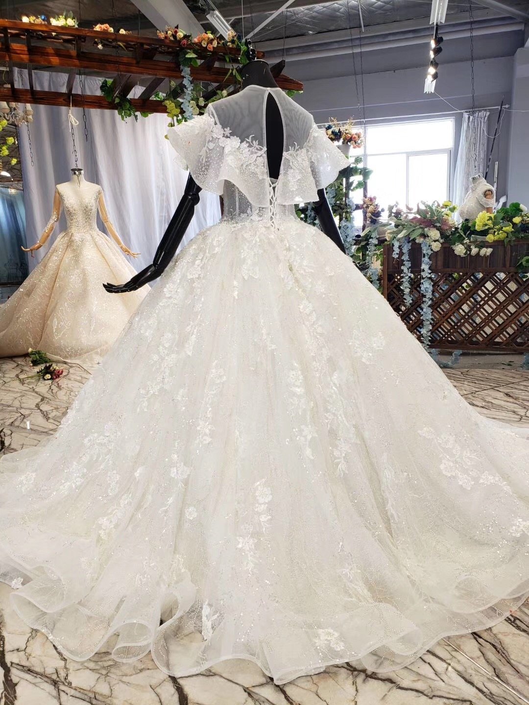 Ball Gown Round Neck Ivory Beads Open Back Wedding Dresses Quinceanera Dresses W1056