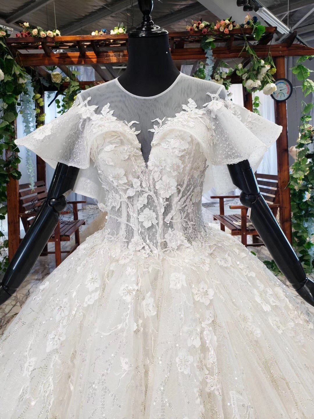 Ball Gown Round Neck Ivory Beads Open Back Wedding Dresses Quinceanera Dresses W1056