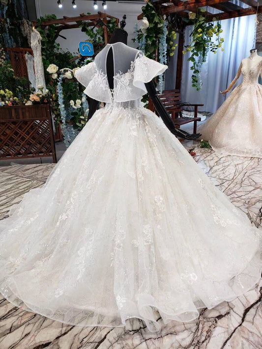 Ball Gown Round Neck Ivory Beads Open Back Wedding Dresses Quinceanera Dresses W1056