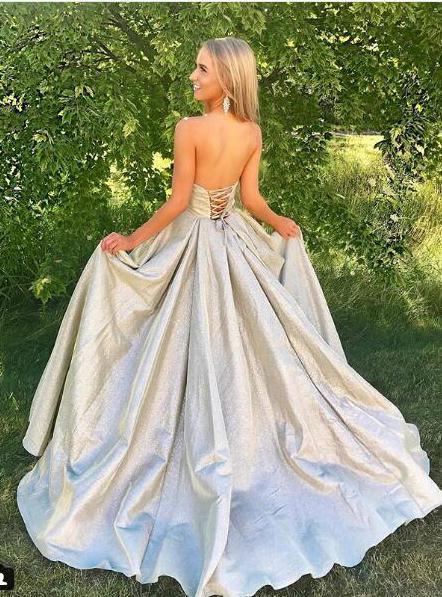 Princess A Line Strapless Sweetheart Lace up Satin Sleeveless Long Prom Dresses RS901