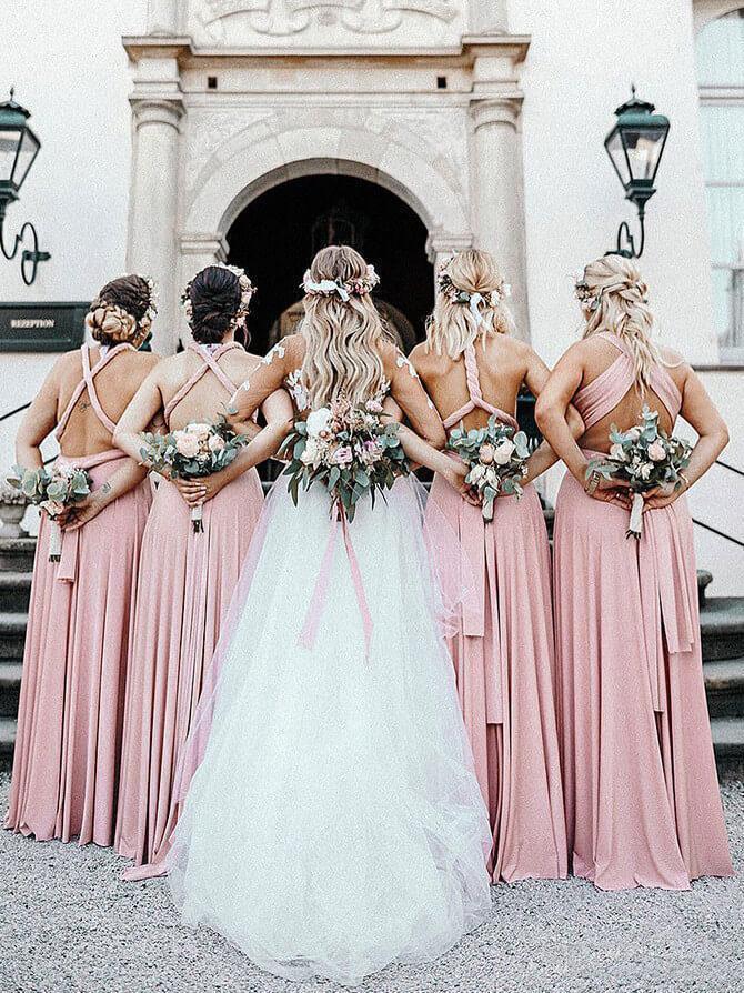 Cheap Long Chiffon Blush Pink Bridesmaid Dresses Convertible Open Back Maxi Dress BD1004
