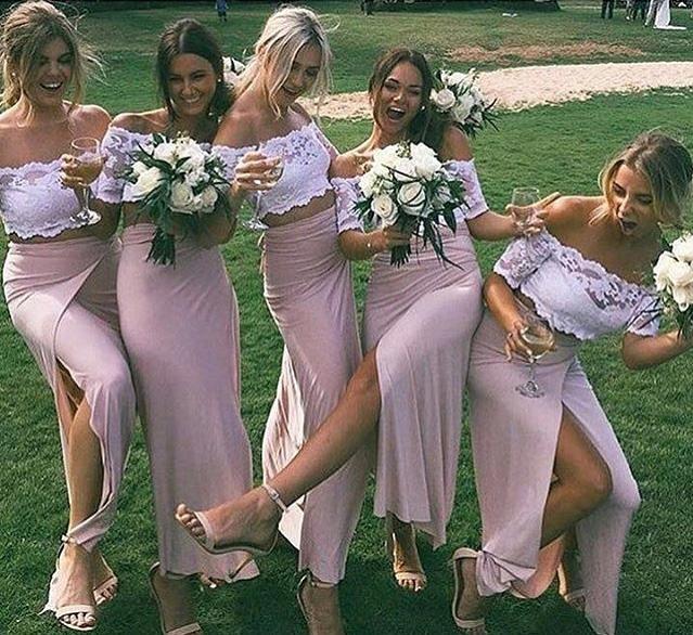 Chic Pink Short Sleeve Lace Side Slit Off the Shoulder Two Piece Bridesmaid Dresses RS958