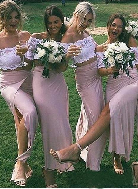 Chic Pink Short Sleeve Lace Side Slit Off the Shoulder Two Piece Bridesmaid Dresses RS958
