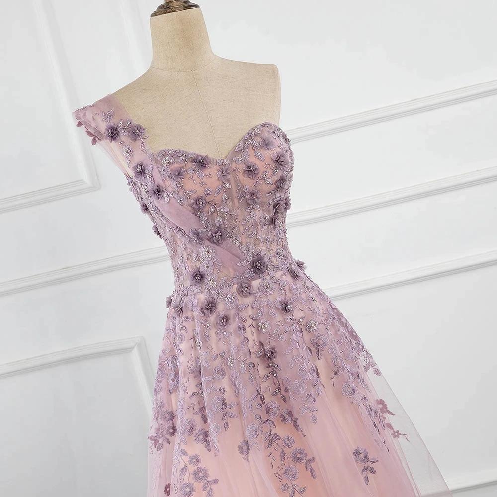 One Shoulder Tulle Sleeveless Long Prom Dresses Lace Appliques Beaded Formal Girl Party Gown