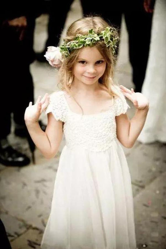 Cute Cap Sleeve Lace and Chiffon Ivory Flower Girl Dresses Wedding Party Dresses FG1001