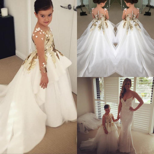 Cute Long Sleeve Tulle Flower Girl Dresses with Flowers Cheap Baby Dresses RS880