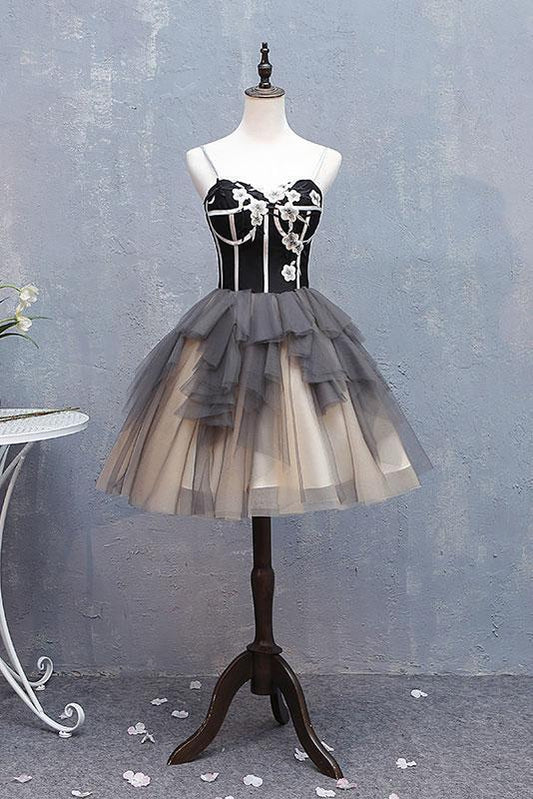 Cute Sweetheart Spaghetti Straps Tulle Short Prom Dresses Black Homecoming Dresses H1029