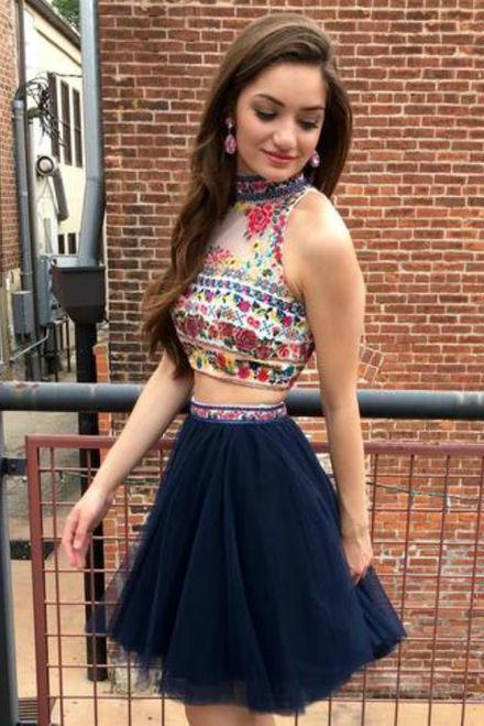 Cute Two Pieces High Neck Sleeveless Tulle Floral Print Short Homecoming Dresses H1037