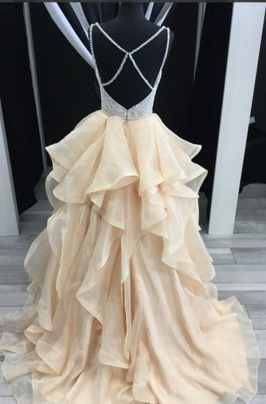 Princess Luxurious Spaghetti Straps V-Neck Beading Bodice Tulle Long Prom Dress with Layers RS122