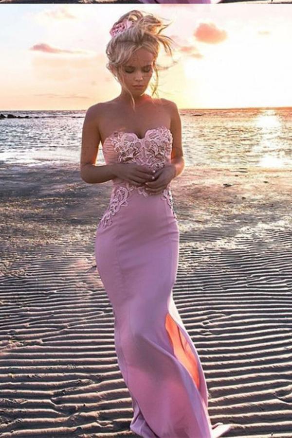 Sexy Mermaid Sweetheart Pink Strapless Satin Sleeveless Prom Dress with Applique Split RS804