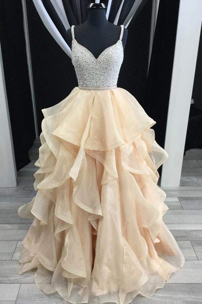 Princess Luxurious Spaghetti Straps V-Neck Beading Bodice Tulle Long Prom Dress with Layers RS122