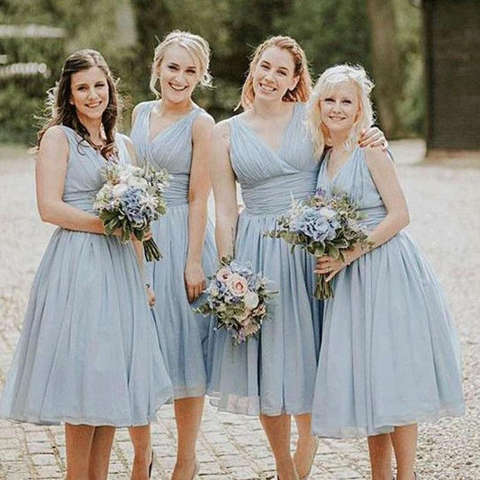 Dusty Blue V Neck Chiffon Short Cheap Ruffles Bridesmaid Dresses Short Prom Dresses RS960