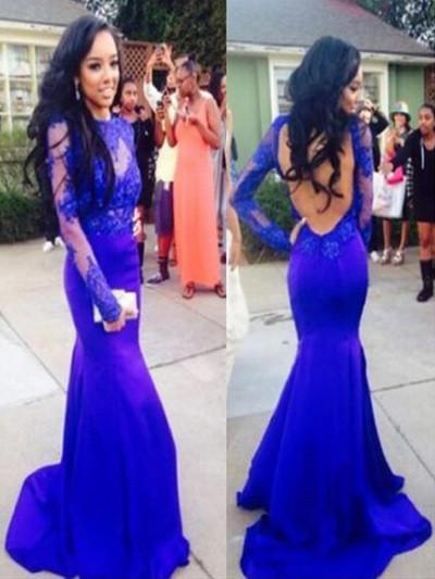 Sexy Mermaid High Neck Royal Blue Long Sleeve Open Back Lace Prom Dresses RS09