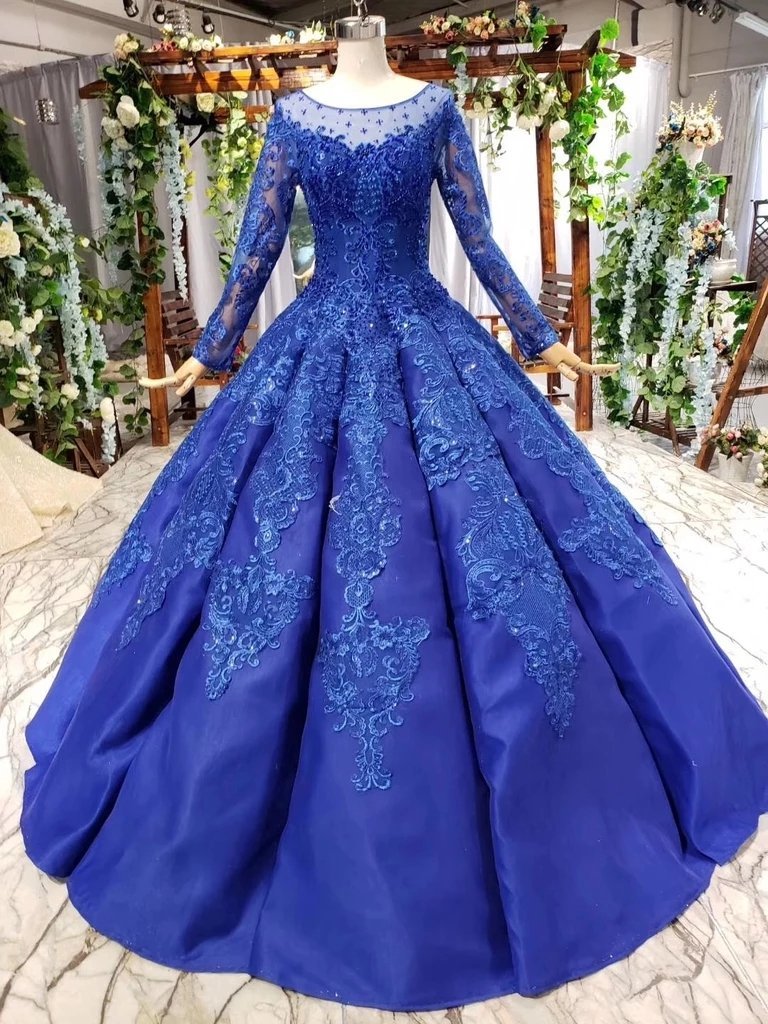 Elegant Royal Blue Long Sleeves Ball Gown Lace up Puffy Quinceanera Dress with Appliques P1136