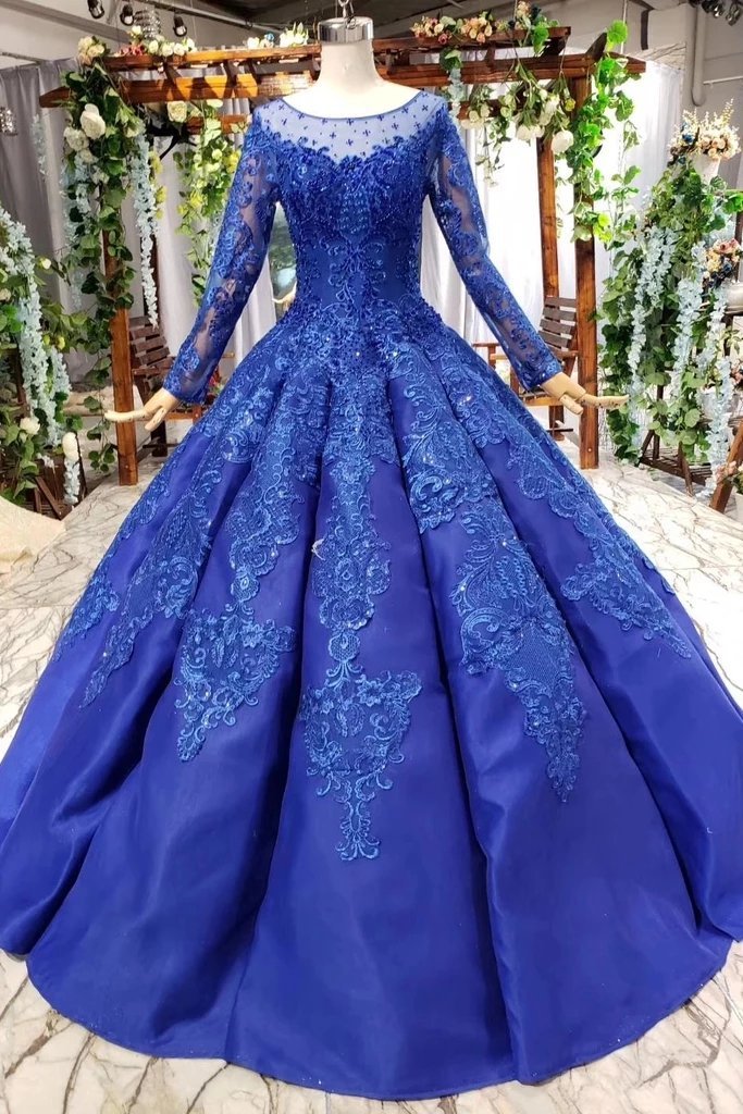 Elegant Royal Blue Long Sleeves Ball Gown Lace up Puffy Quinceanera Dress with Appliques P1136