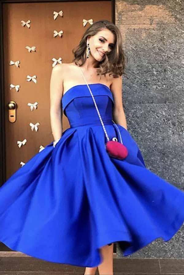 Royal Blue Satin Strapless Ball Gowns Tea Length Short Prom Dress Homecoming Dresses RS09