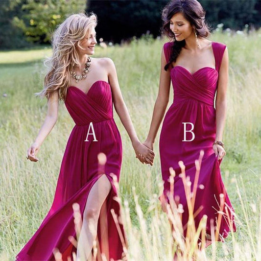 Red Cheap Chiffon Floor Length Side Split Long Sweetheart Sleeveless Bridesmaid Dress RS351