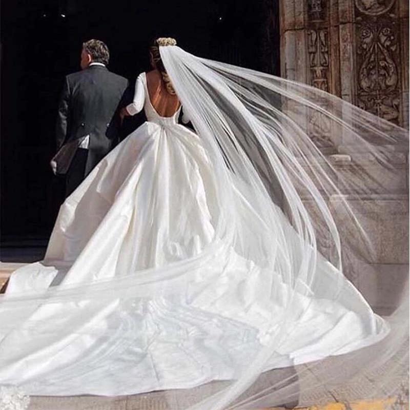 Gorgeous Satin Backless Wedding Dresses 3/4 Sleeve Cathedral Train Bridal Dress