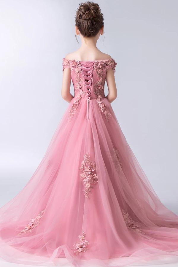 Gorgeous Pink Off the Shoulder With Lace Appliques High Low Tulle Flower Girl Dresses FG1007