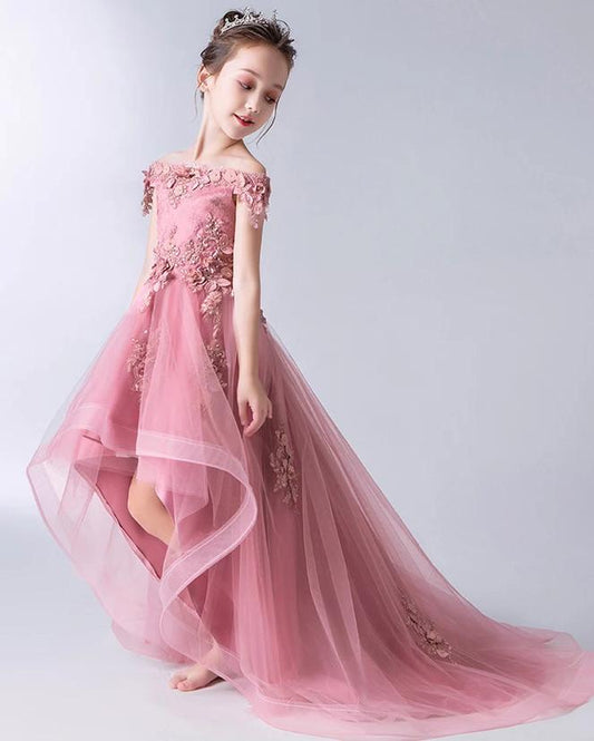 Gorgeous Pink Off the Shoulder With Lace Appliques High Low Tulle Flower Girl Dresses FG1007