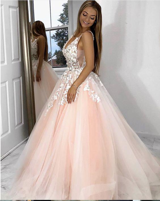 Princess V Neck Pink Long Tulle Lace Appliques Open Back Party Dress Prom Dresses RS66