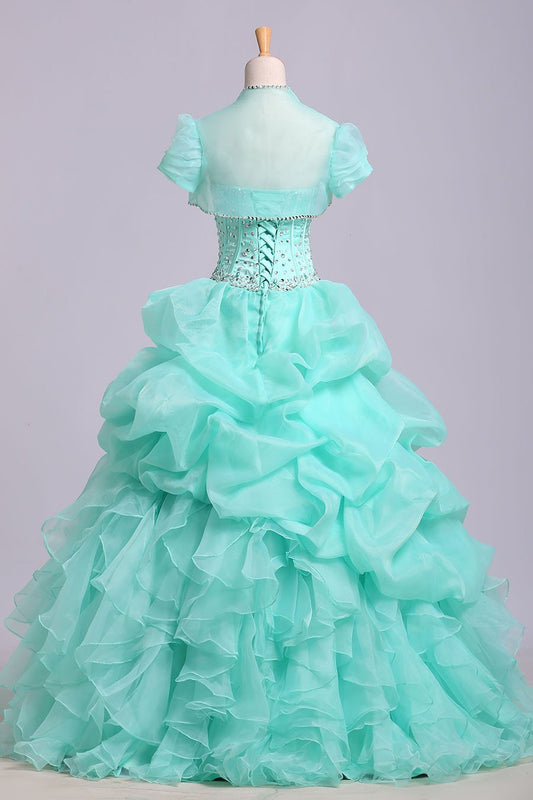 Ball Gown Sweetheart Organza Beads Lace up Ruffles Tiffany Blue Prom Quinceanera Dresses RS178