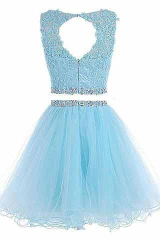 Two Piece Open Back Scoop Beads Sleeveless Grey Tulle A-Line Homecoming Dress I1012