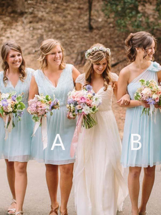 Light Blue V Neck One Shoulder Short Bridesmaid Dresses Chiffon Wedding Party Dress RS963