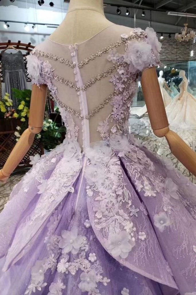 Lilac Ball Gown Short Sleeve Prom Dresses with Flowers Gorgeous Quinceanera Dress JS968
