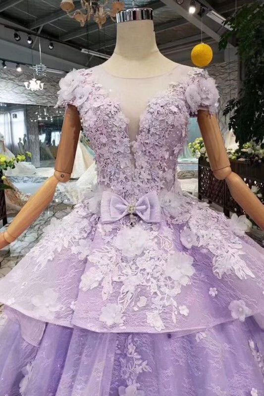 Lilac Ball Gown Short Sleeve Prom Dresses with Flowers Gorgeous Quinceanera Dress RS968