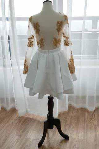 Long Sleeve V Neck White Homecoming Dresses Gold Sequins V Neck Short Prom Dress H1072