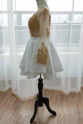 Long Sleeve V Neck White Homecoming Dresses Gold Sequins V Neck Short Prom Dress H1072