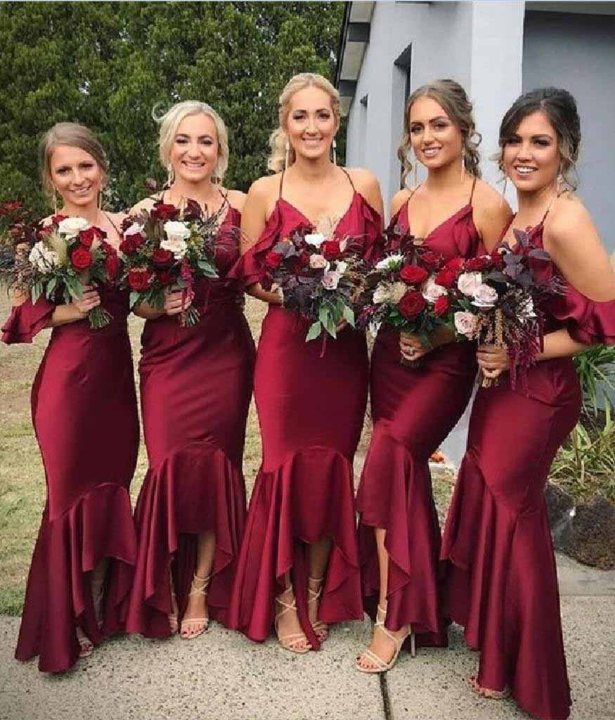 Mermaid Burgundy Spaghetti Straps V Neck Bridesmaid Dresses Bridesmaid Gowns BD1006