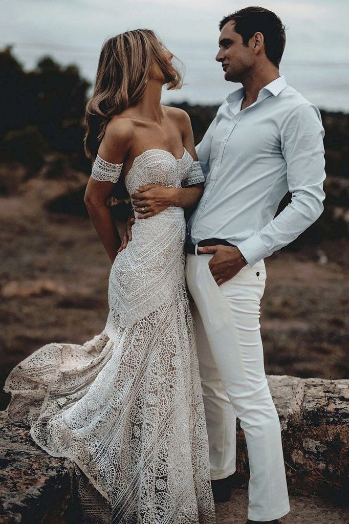 Unique Mermaid Off the Shoulder Straps Ivory Lace Beach Wedding Dress Bridal Dresses JS829