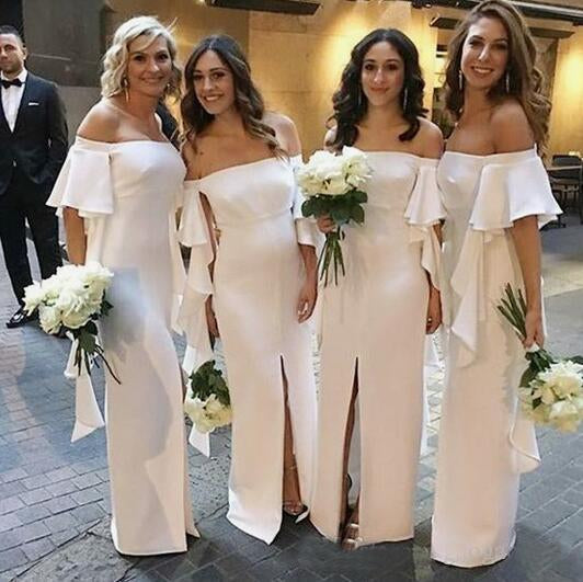 Mermaid Off the Shoulder Satin Floor Length Ivory Bridesmaid Dresses Slit Party Dresses BD1010