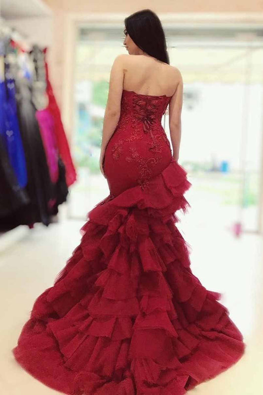 Sexy Mermaid Sweetheart Burgundy Strapless Lace Appliques Lace up Tulle Prom Dresses P1026
