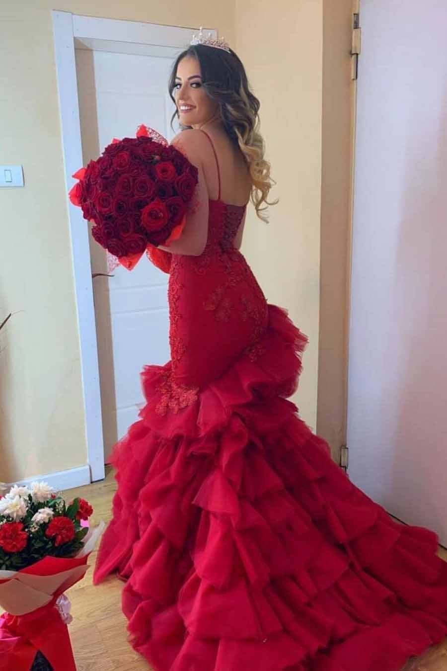 Sexy Mermaid Sweetheart Burgundy Strapless Lace Appliques Lace up Tulle Prom Dresses P1026