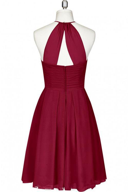 Mini Cute Halter Burgundy Chiffon Knee Length Bridesmaid Dress Short Prom Dresses RS961